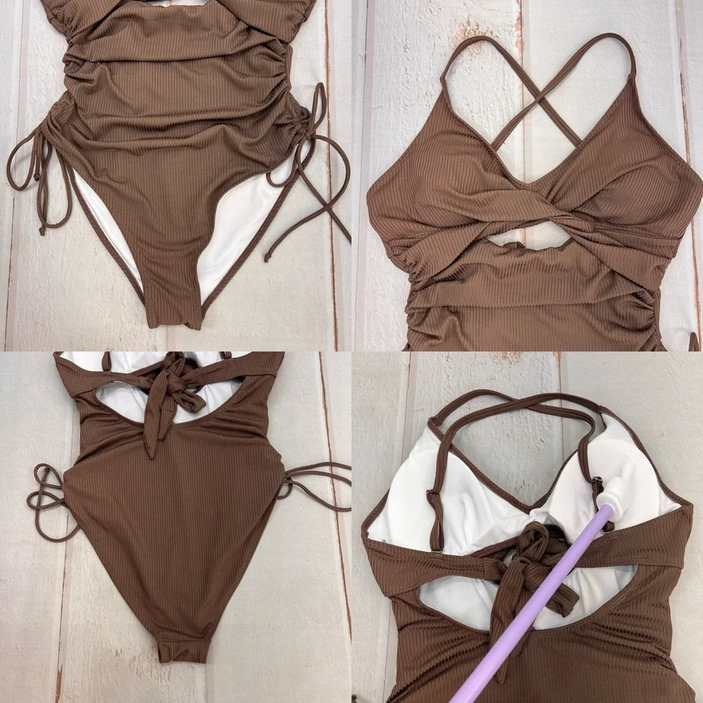 NWOT Ribbed One Piece Swimsuit Tummy Control High‎ Cut Bathing Suit Sexy V Neck